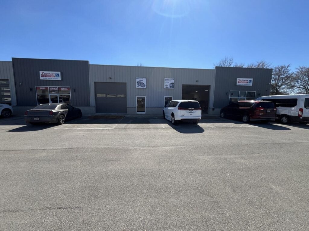 Superior Van and Mobility Jonesboro Arkansas location exterior with sales service and rental signage and service bay