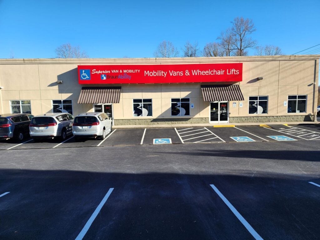 Superior Van and Mobility Knoxville Tennessee location exterior with Mobility Vans and Wheelchair Lifts signage and accessible parking
