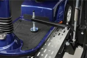 Close up of the mobility scooter securement on a Harmar AL100 scooter carrier