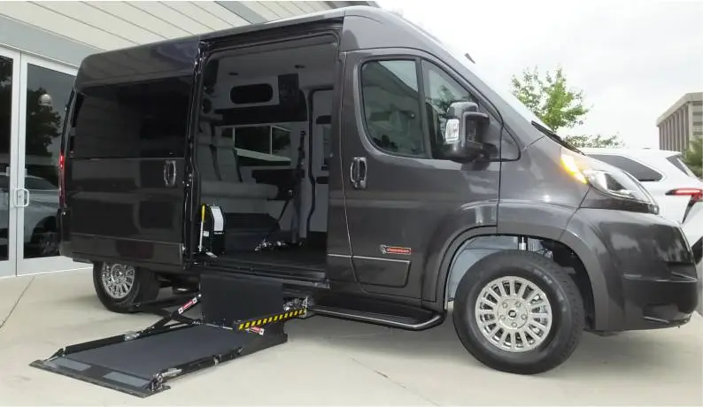 Image of a gray ram promaster wheelchair van with a Tempest conversion and a Braun UVL wheelchair lift
