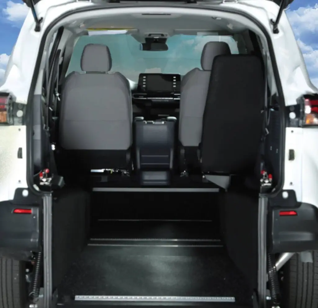 closeup image showing inside the rear of a Toyota Sienna Hybrid rear-entry wheelchair van from Vantage Mobility
