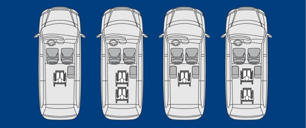 Illustration showing the various seating arrangement of a rear entry wheelchair van on a Toyota Sienna Hybrid