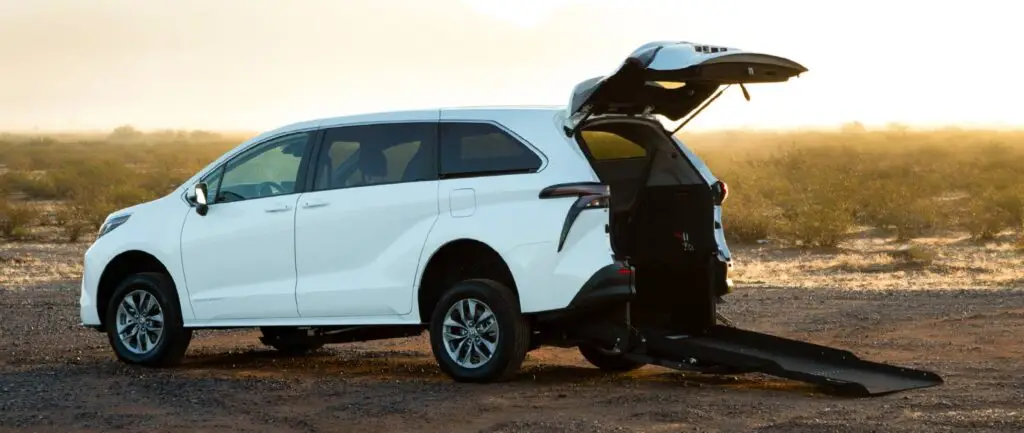 Image of a Toyota Sienna Hybrid rear-entry wheelchair van conversion in the desert from Vantage Mobility