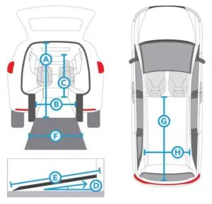 Illustration of the points of measurement of a rear-entry wheelchair van from Vantage Mobility with a Verge conversion