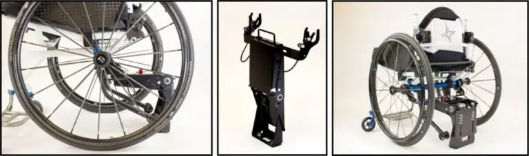 Three images showing a manual wheelchair docking system restraint