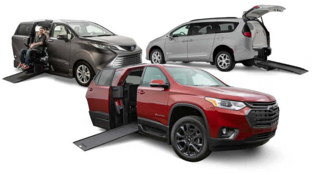 Three images of wheelchair vans and a wheelchair accessible SUV