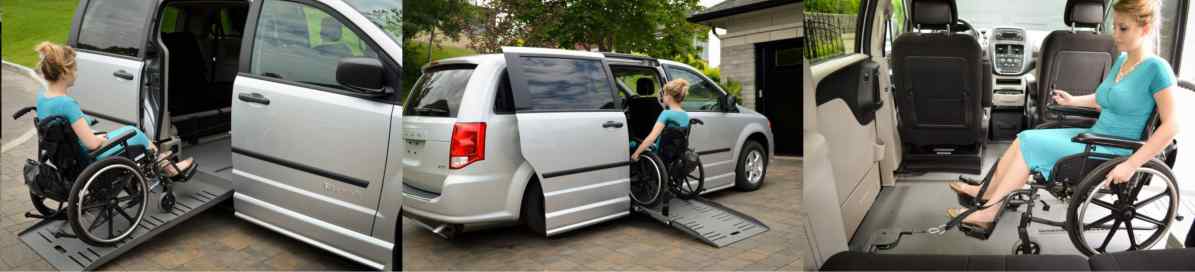 Three images showing a woman in a blue dress in a wheelchair using a power pull wheelchair assist to enter her silver wheelchair van