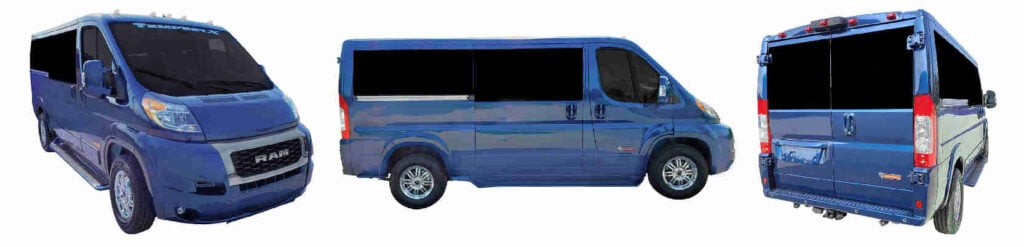 Three exterior images of a bright blue ram promaster wheelchair van