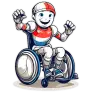 Illustration of a smiling cartoon robot sitting in a wheelchair with its hands up in the air