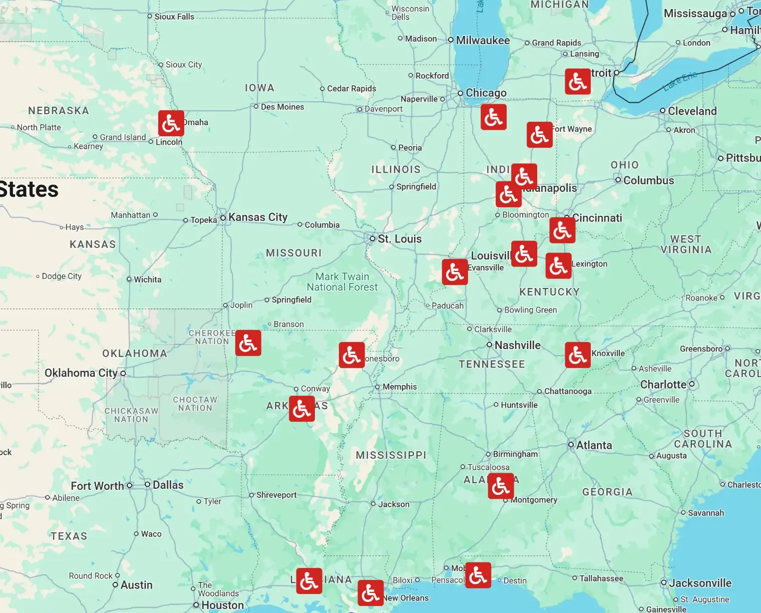 Map of United States with locations for Superior Van & Mobility highlighted