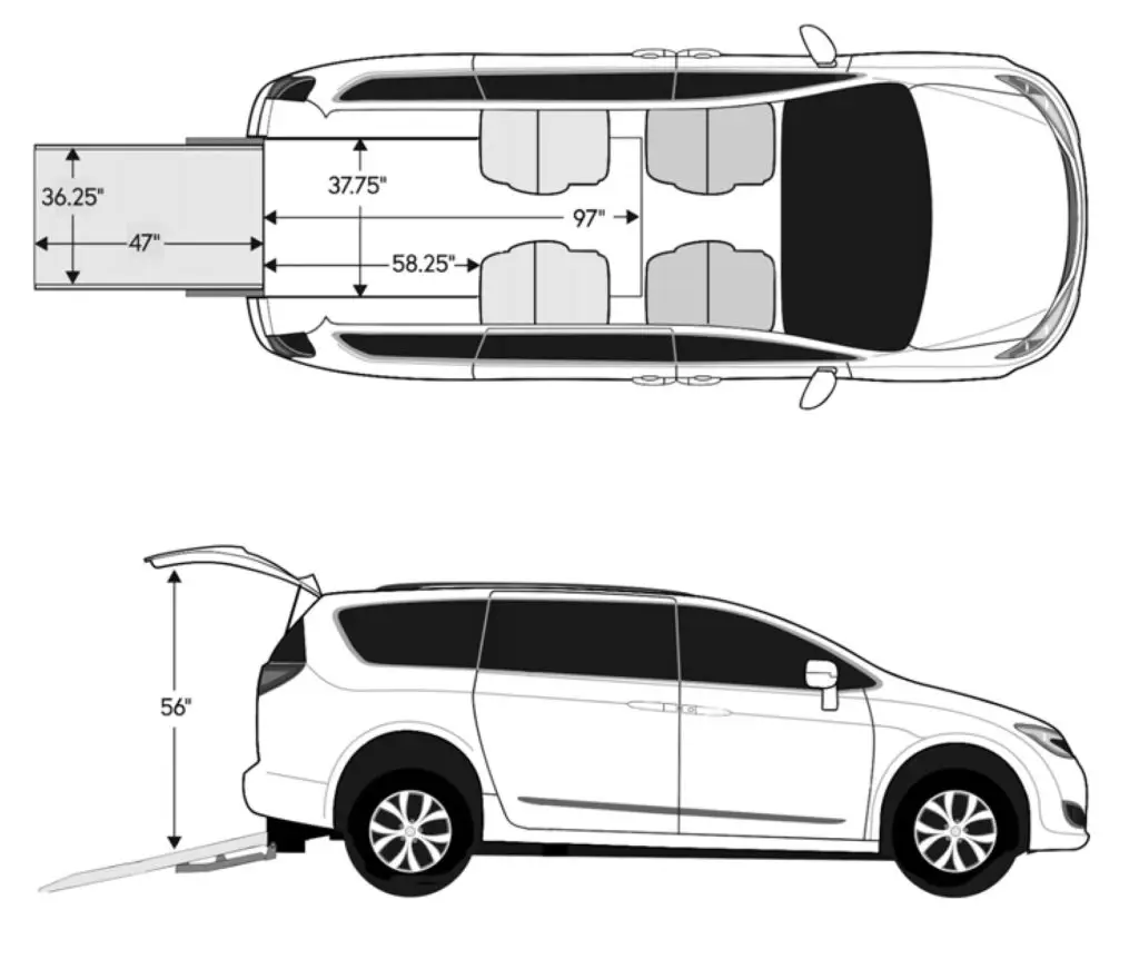 Illustration of an FR Conversions Chrysler Voyager rear-entry ADA Wheelchair Van specifications