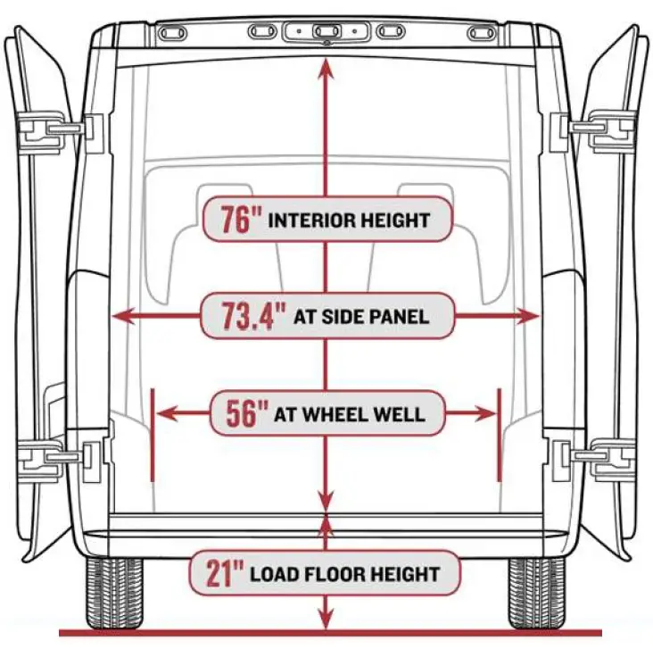 Illustration showing primary conversion dimensions of the ProMax ADA full-size wheelchair van from FR Conversions