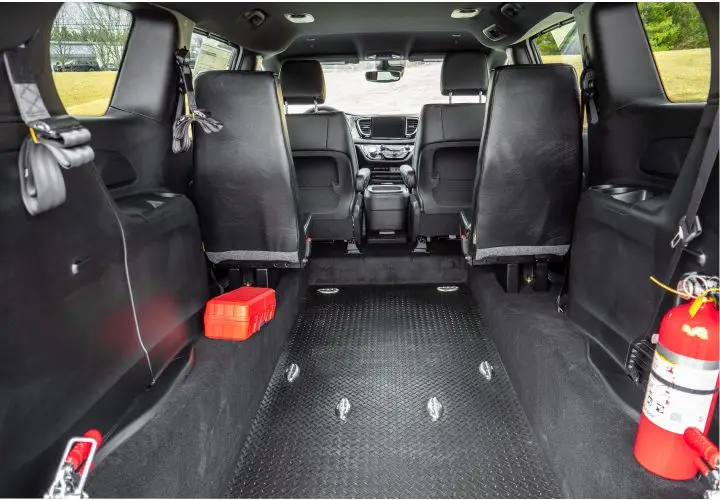 Closeup image of the rear seating area on a Voyager rear-entry ADA wheelchair van from FR conversions